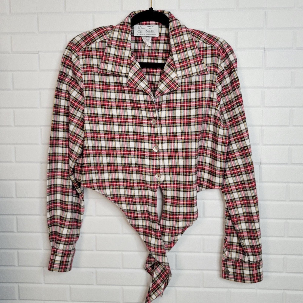 Vintage 80s plaid flannel crop tie shirt Designs by She oversized XS Country - Picture 7 of 8
